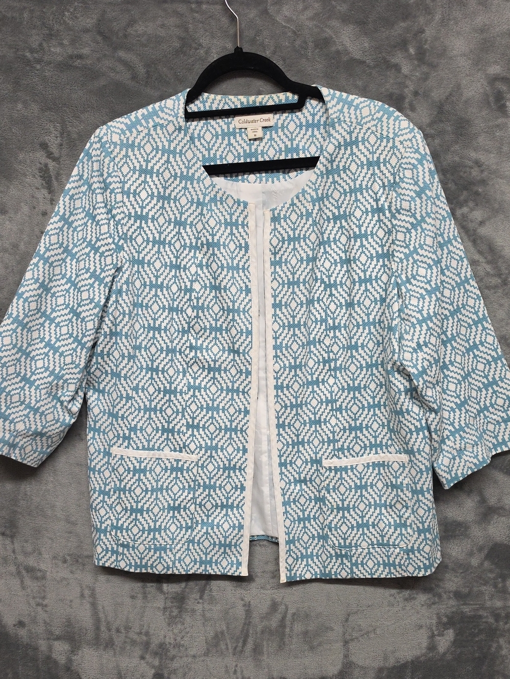 Coldwater Creek Blue & White Geometric Collarless Jacket Sz 18